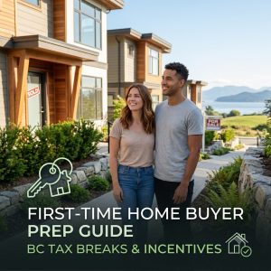 A blog cover image for a "first-time home buyer guide," featuring a smiling young couple standing in front of new townhomes in British Columbia. The image includes text overlay reading, "FIRST-TIME HOME BUYER PREP GUIDE: BC TAX BREAKS & INCENTIVES," along with graphic icons of keys and a house.