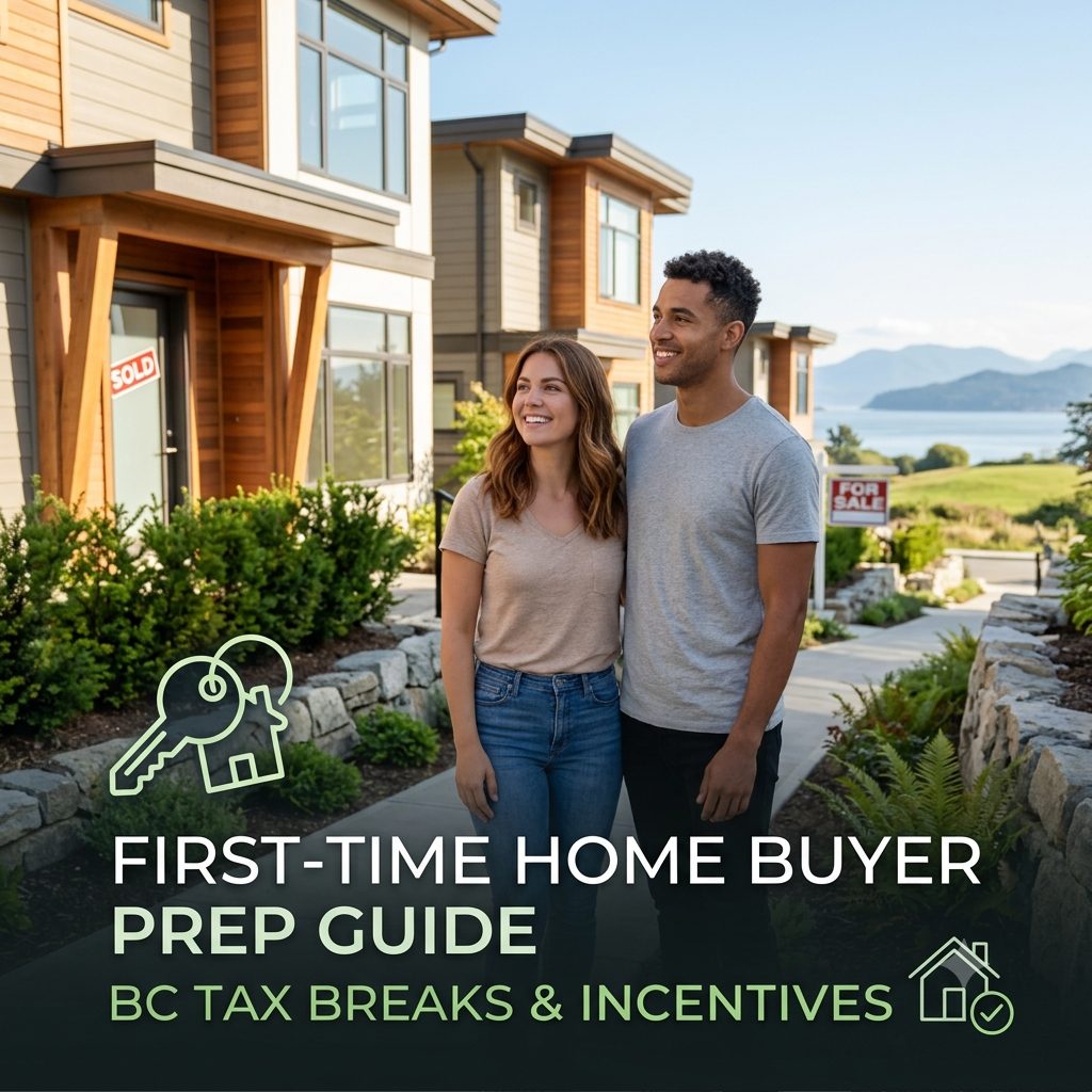 A blog cover image for a "first-time home buyer guide," featuring a smiling young couple standing in front of new townhomes in British Columbia. The image includes text overlay reading, "FIRST-TIME HOME BUYER PREP GUIDE: BC TAX BREAKS & INCENTIVES," along with graphic icons of keys and a house.