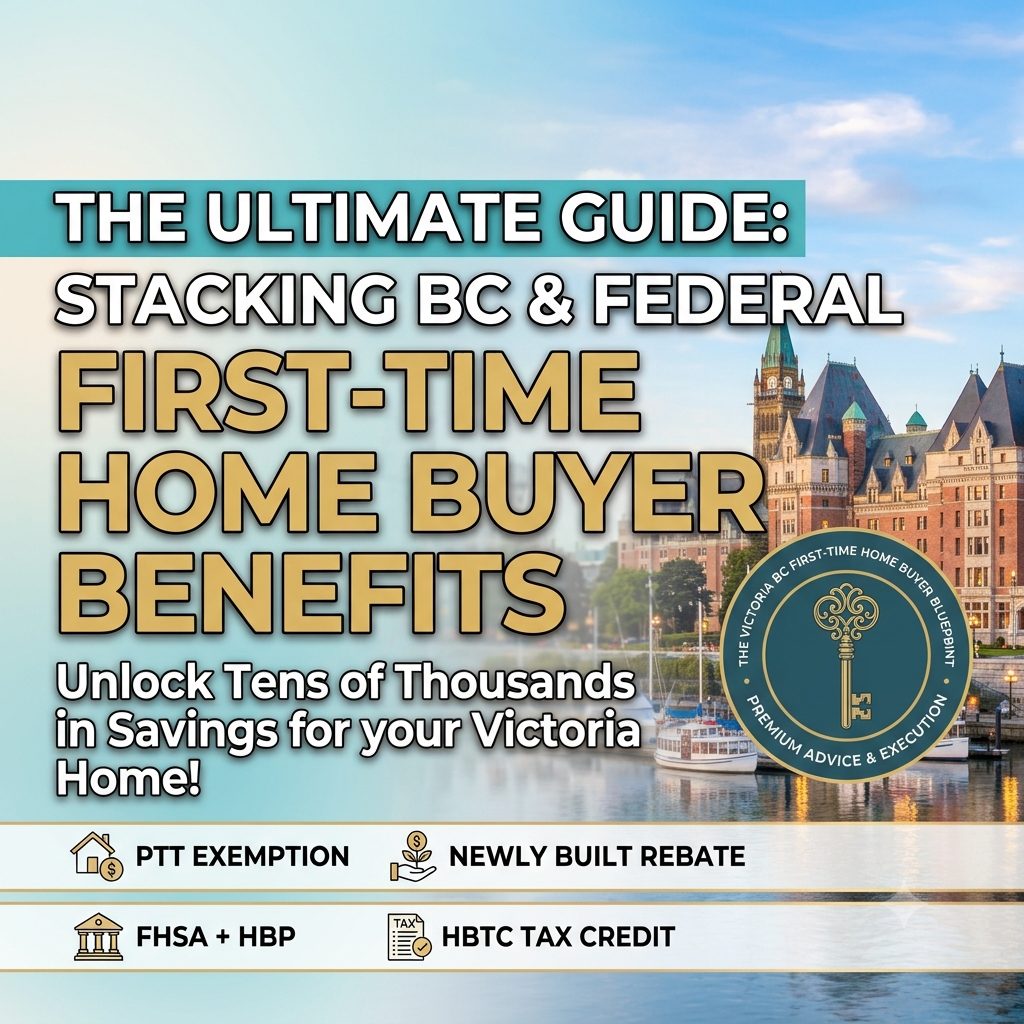 Square graphic titled 'The Ultimate Guide: Stacking BC & Federal First-Time Home Buyers Benefits'. Highlights savings for Victoria, BC real estate including Property Transfer Tax (PTT) exemption, newly built home rebate, FHSA, HBP, and HBTC tax credit, with a backdrop of Victoria's Inner Harbour and Parliament buildings.