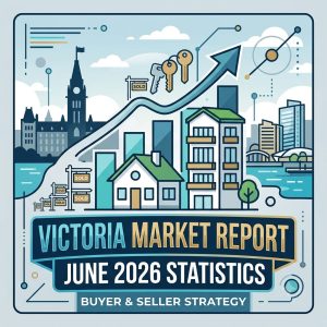 A square, modern graphic featuring a stylized, blue-and-green vector illustration of the Victoria skyline, a single-family home, and a townhouse. An upward-trending chart arrow weaves behind the buildings with a set of hanging keys and "Sold" signs nearby. A dark blue banner across the bottom reads "Victoria Real Estate Market Report - June 2026 Statistics - Buyer & Seller Strategy."