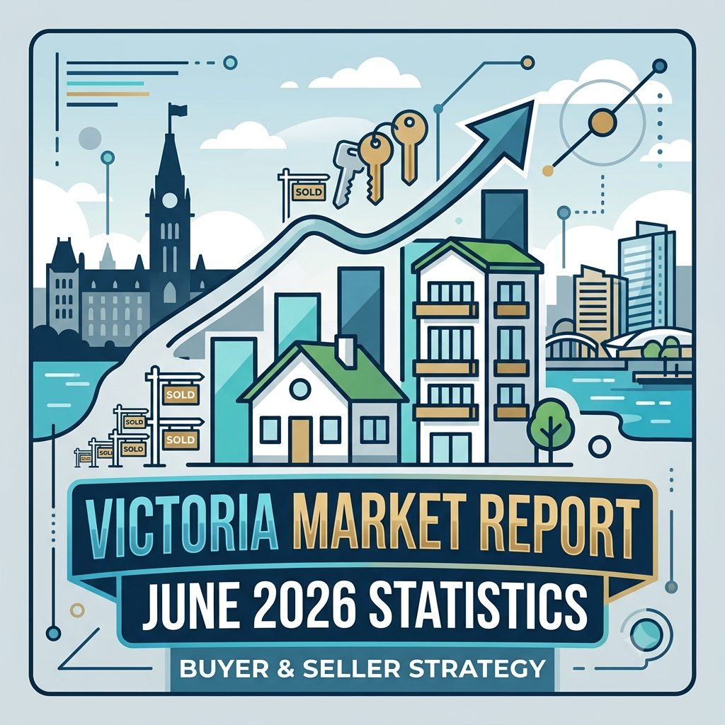 A square, modern graphic featuring a stylized, blue-and-green vector illustration of the Victoria skyline, a single-family home, and a townhouse. An upward-trending chart arrow weaves behind the buildings with a set of hanging keys and "Sold" signs nearby. A dark blue banner across the bottom reads "Victoria Real Estate Market Report - June 2026 Statistics - Buyer & Seller Strategy."