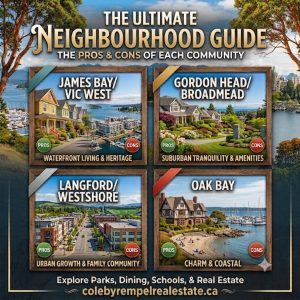 A real estate infographic titled, ‘THE ULTIMATE NEIGHBOURHOOD GUIDE: THE PROS & CONS OF EACH COMMUNITY,’ and presented by Coleby Rempel Real Estate. The guide features four different neighbourhoods in Victoria, BC. The top-left corner features, ‘JAMES BAY/VIC WEST: WATERFRONT LIVING & HERITAGE,’ and shows colourful heritage homes and waterfront properties in a modern harbour. The top-right corner features, ‘GORDON HEAD/BROADMEAD: SUBURBAN TRANQUILITY & AMENITIES,’ and shows stately suburban homes, manicured gardens, and a view of the water and Olympic Mountains. The bottom-left corner features, ‘LANGFORD/WESTSHORE: URBAN GROWTH & FAMILY COMMUNITY,’ and shows modern, master-planned urban developments, tree-lined streets, and Westhills Stadium, with rolling hills in the background. The bottom-right corner features, ‘OAK BAY: CHARM & COASTAL,’ and shows a scenic view of Oak Bay Marina, with classic waterfront homes and people enjoying the sandy beach. Small 'PROS' and 'CONS' tags indicate where you can learn about the pros and cons of each neighbourhood. A small title at the bottom of the image reads, ‘Explore Parks, Dining, Schools, & Real Estate,’ followed by the website, ‘colebyrempelrealestate.ca.’ The background of the infographic features a composite image of classic Victoria scenery, including old-growth arbutus trees, the inner harbour, and the Parliament Building.